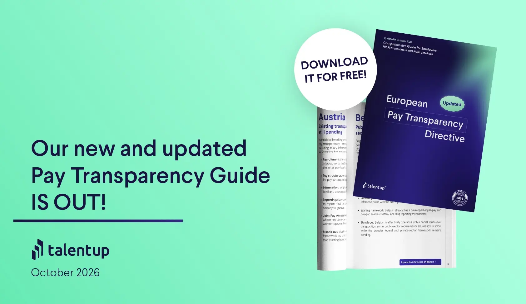 Portada y páginas interiores de la Guía de la Directiva de Transparencia Salarial de la UE 2026 de TalentUp