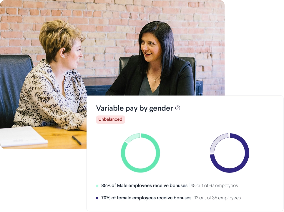 Person working on a laptop in a café while a compensation dashboard displays a balanced gender-gap donut chart comparing male and female pay at 50% each.